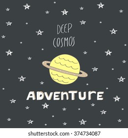 Cute hand drawn doodle postcard with sky, stars, saturn, text space. Cosmic card, background. Deep cosmos adventure cover for children