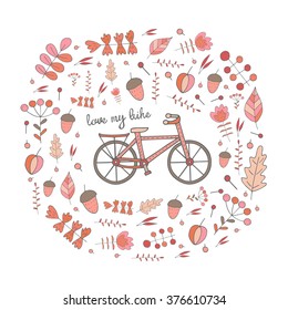 Cute hand drawn doodle postcard, card, cover with bike. Background with nature elements frame including flowers, plants, leaves, berries, acorns. Love my bike spring background