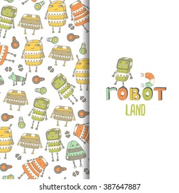 Cute hand drawn doodle postcard, card with steampunk robots. Robot land background