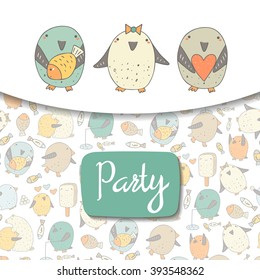Cute hand drawn doodle postcard with penguins. Cover, background, card for party, event, birthday