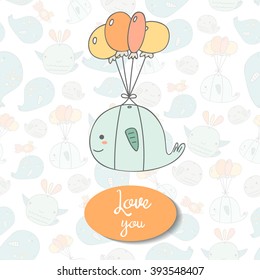 Cute hand drawn doodle postcard with flying whale, balloons, text space. I love you card, cover, background