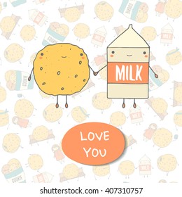 Cute hand drawn doodle postcard with cookie and milk. Love you postcard. Postcards about food, love, relationship, friendship