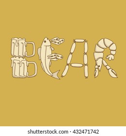 Cute hand drawn doodle postcard with beer, glass, fish. card, postcard, cover, banner, background with its friday lets drink lettering quote