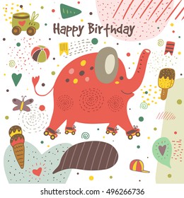 Cute hand drawn doodle postcard with elephant with roller skates, ice cream, flag, ball, butterfly, heart, cap, polka dot, stripes. Happy birthday cover. Background for children with animal