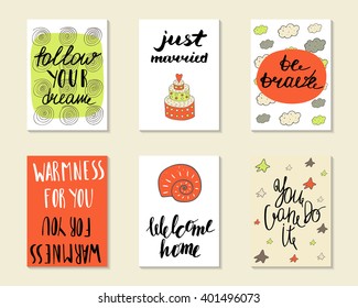 Cute hand drawn doodle postcards, cards, covers with different elements and quotes including be brave, just married, welcome home, follow your dream, you can do it. Printable templates set