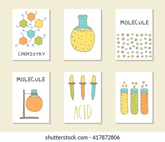 Cute hand drawn doodle postcards, cards, covers with molecule, tube, acid, beaker, flask. Printable templates set. Chemistry experiments, science backgrounds set