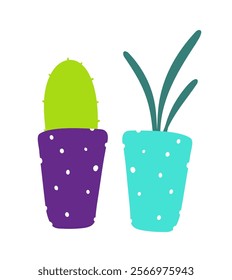 Cute hand drawn doodle  pots. Living room interior objects set.