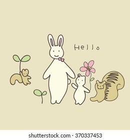 Cute hand drawn doodle  rabbit,. Cartoon animals background 