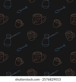 Cute hand drawn doodle seamless pattern with coffee mugs, coffee pot and spoons on black background