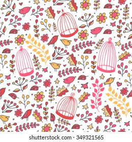 Cute hand drawn doodle seamless pattern with birds, cages, leaves, berries, flowers, hearts, stars and forest nature elements. Pattern for textile, card, brochures, wrapping paper