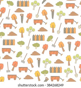 Cute hand drawn doodle seamless pattern with farm objects, tree, rake, shovel, saw, garden cart, pile. Pattern for textile, card, brochures, wrapping paper
