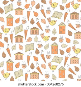 Cute hand drawn doodle seamless pattern with bird, leaf, house, umbrella, cup of tea, book. Pattern for textile, card, brochures, wrapping paper