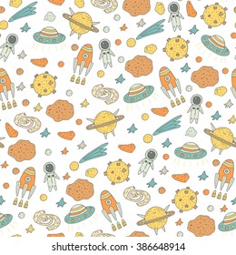 Cute hand drawn doodle seamless pattern with cosmic objects including star, rocket, spaceman, comet, alien ship, meteor, moon, galaxy