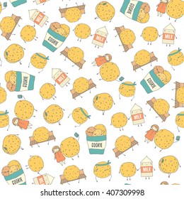 Cute hand drawn doodle seamless pattern with cookies including karate cookie, cookie with phone, cookie doing photo with girl, cookie with milk. Pattern for food cover, wrapping, gift paper, fabric