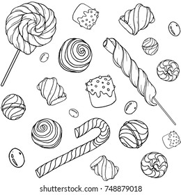 Cute hand drawn doodle seamless pattern with candy, donuts, marshmallow  on white background. Candies sweets vector illustration