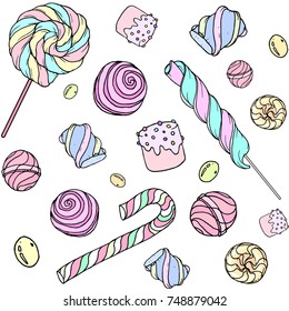 Cute hand drawn doodle seamless pattern with candy, donuts, marshmallow  on white background. Candies sweets vector illustration