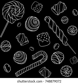 Cute hand drawn doodle seamless pattern with candy, donuts, marshmallow  on black background. Candies sweets vector illustration