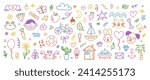 Cute hand drawn doodle set of simple kids decorative elements. Colorful collection of scribble, animal, flower, sun, cloud. Vector illustration