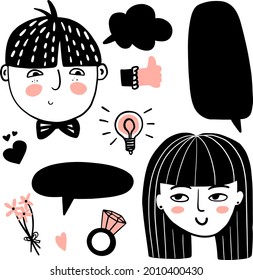 Cuto conjunto de doodles dibujado a mano de una pareja enamorada de la burbuja del habla, lámpara de idea, anillo de compromiso, flores. Día de San Valentín de colección romántica