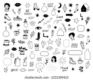 Cute hand drawn doodle set. Plants, leaves, shoes, lips, clouds, words, stars, cups, arrows, bottles etc. Vector illustration