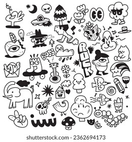 conjunto de doodles dibujado a mano, amor, cosa linda, animales lindos y colección de diseño creativo, Vector de ilustración