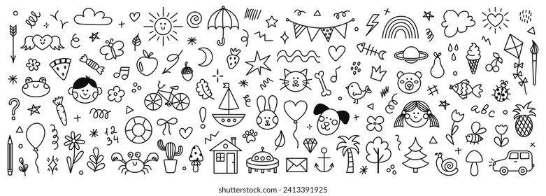 Cute hand drawn doodle set of simple kids decorative elements. Collection of scribble, animal, flower, sun, cloud. Vector illustration