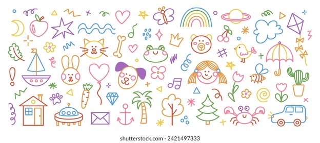 Cute hand drawn doodle set of simple kids decorative elements. Colorful collection of scribble, animal, flower, sun, cloud. Vector illustration