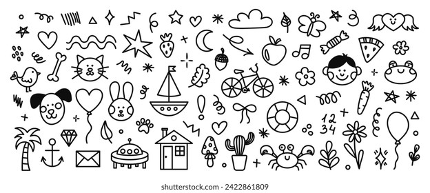 Cute hand drawn doodle set of simple kids decorative elements. Black collection of scribble, animal, flower, sun, cloud. Vector illustration