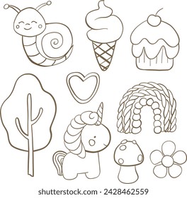 cute hand drawn doodle set with icons and design elements, snail, ice cream, cake, tree, unicorn, rainbow, mushroom, flowers, cookie. Perfect for the nursery, baby shower, textiles