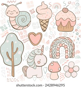 lindo conjunto de garabatos dibujados a mano con iconos y elementos de diseño, caracol, helado, pastel, árbol, unicornio, arco iris, hongo, flores, galleta. Perfecto para la guardería, baby shower, textiles