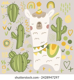 cute hand drawn doodle set with icons and design elements, alpaca and cactus.Perfect for the nursery, baby shower, textiles