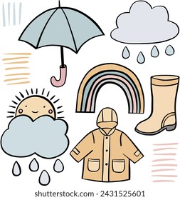 cute hand drawn doodle set with icons and design elements, rainy weather. Perfect for the nursery, baby shower, textiles