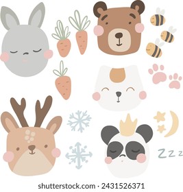 cute hand drawn doodle set with icons and design elements, animals, rabbit, bear, deer, cat. Perfect for the nursery, baby shower, textiles