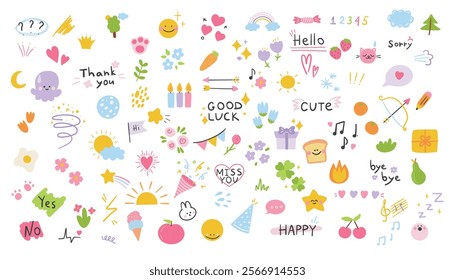 Cute hand drawn doodle set. Kid cute doodle set. Cute cartoon vector illustration.