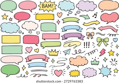 Nettes handgezeichnetes Doodle-Set mit Sprechblasen, Bändern, Pfeilen, Herzen, Sternen, Kronen und Comic-Elementen. Ideal für Social-Media-Inhalte, Kinderdesigns, Poster, Aufkleber, Planer, UI-Elemente und kreative Markenprojekte.