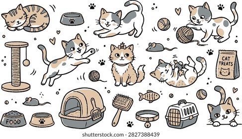 Cute hand drawn doodle set of playful kittens and cat accessories Vector