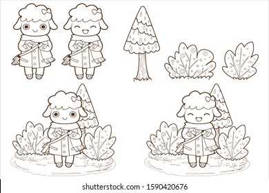 Cute hand drawn doodle sheep and tree vector illustration, element character cartoon, isolated on white background, Coloring book, wallpaper and sticker.