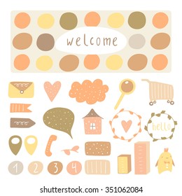 Cute hand drawn doodle signs, objects, banners, design elements including dialog bubble, circle, arrow, cloud, shopping cart, telephone, frame, heart, house, loupe, envelope. Icons collection for blog