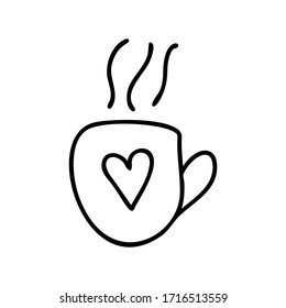 Cuto doodle dibujado a mano, simple icono de taza con corazón. Aislado sobre fondo blanco. Ilustración de material vectorial.
