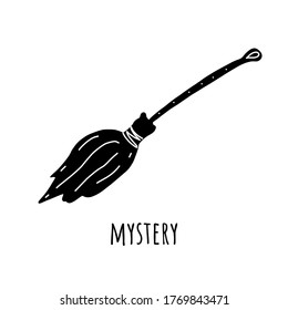 Cute hand drawn, doodle, sketch broom. symbol of witches and sorcery. Vector. For tattoo, textile, cards, Halloween decor