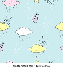 cute hand drawn Doodle sky vector pattern sun, clouds, stars and raindrops.vector