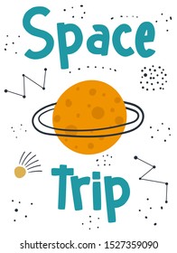 Cute hand drawn doodle space card, poster, background with planet Saturn. Funny poster, t shirt design, wall print for kids