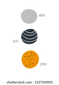Cute hand drawn doodle space card, poster, background with moon, planet Jupiter, Pluto. Funny poster, t shirt design, wall print for kids