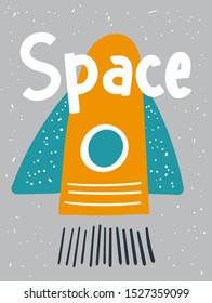 Cute hand drawn doodle space card, poster, background with flying rocket. Funny poster, t shirt design, wall print for kids
