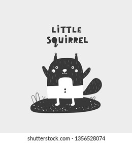 Cute hand drawn doodle squirrel with lettering quote. Postcard, banner, wall print, t shirt print for kids. Educative cards for children to learn animals in black and white color