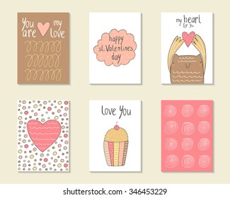 Cute hand drawn doodle st. Valentine's day cards, postcard, backgrounds collection. Covers set with heart, cake, swirls, owl, dialog bubble, circles, cherry. 
