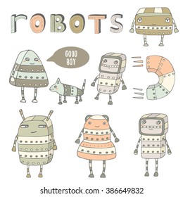 Cute hand drawn doodle steam punk robots collection. Robots characters icons set