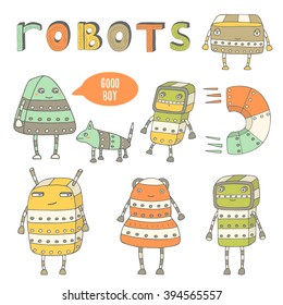 Cute hand drawn doodle steam punk robots collection. Robots characters icons set
