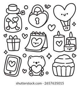 Lindo dibujado a mano doodle sticker conjunto en blanco y negro. Página para colorear de doodle kawaii.