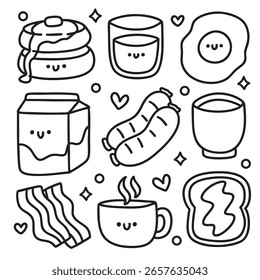 Cute hand drawn doodle sticker set in black and white. Kawaii doodle coloring page.